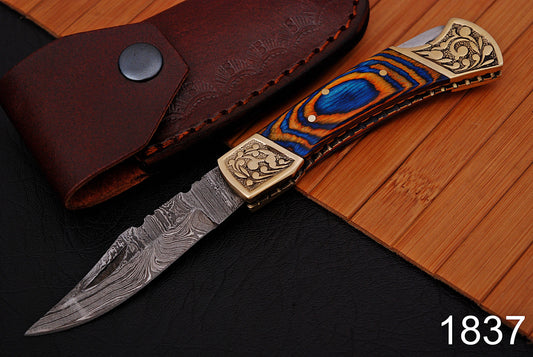 Custom Handmade Damascus Steel Folding Pocket Knife With Sheath
