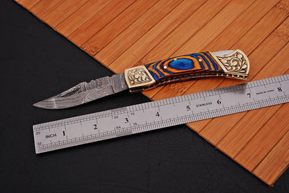 Custom Handmade Damascus Steel Folding Pocket Knife With Sheath