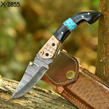 Gentleman’s Handmade Damascus Steel Folding Pocket Knife Resin Brass Bolster Handle