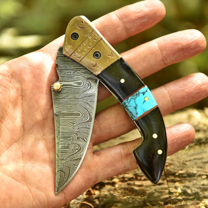 Gentleman’s Handmade Damascus Steel Folding Pocket Knife Resin Brass Bolster Handle