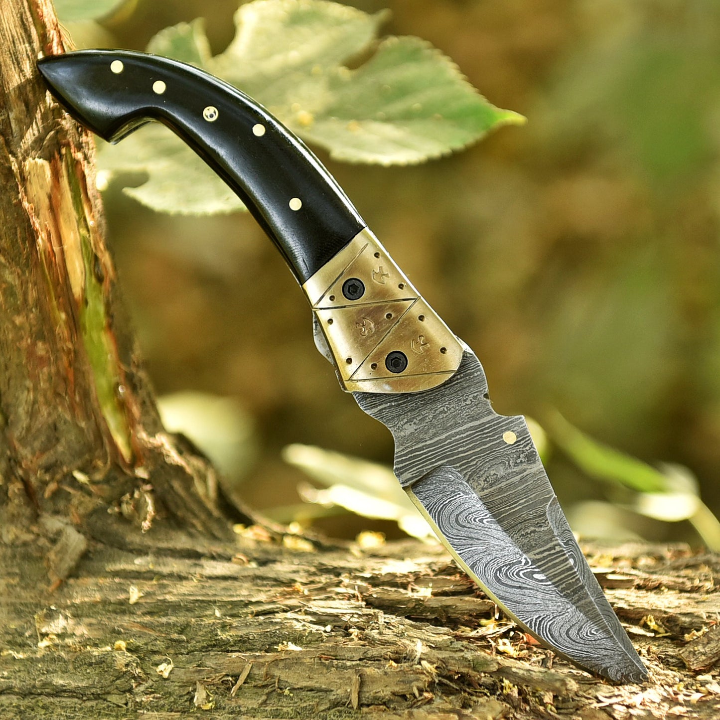 Collector Grade Damascus Steel Folding Pocket Knife Resin Brass Bolster Handle