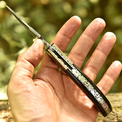 Collector Grade Damascus Steel Folding Pocket Knife Resin Brass Bolster Handle