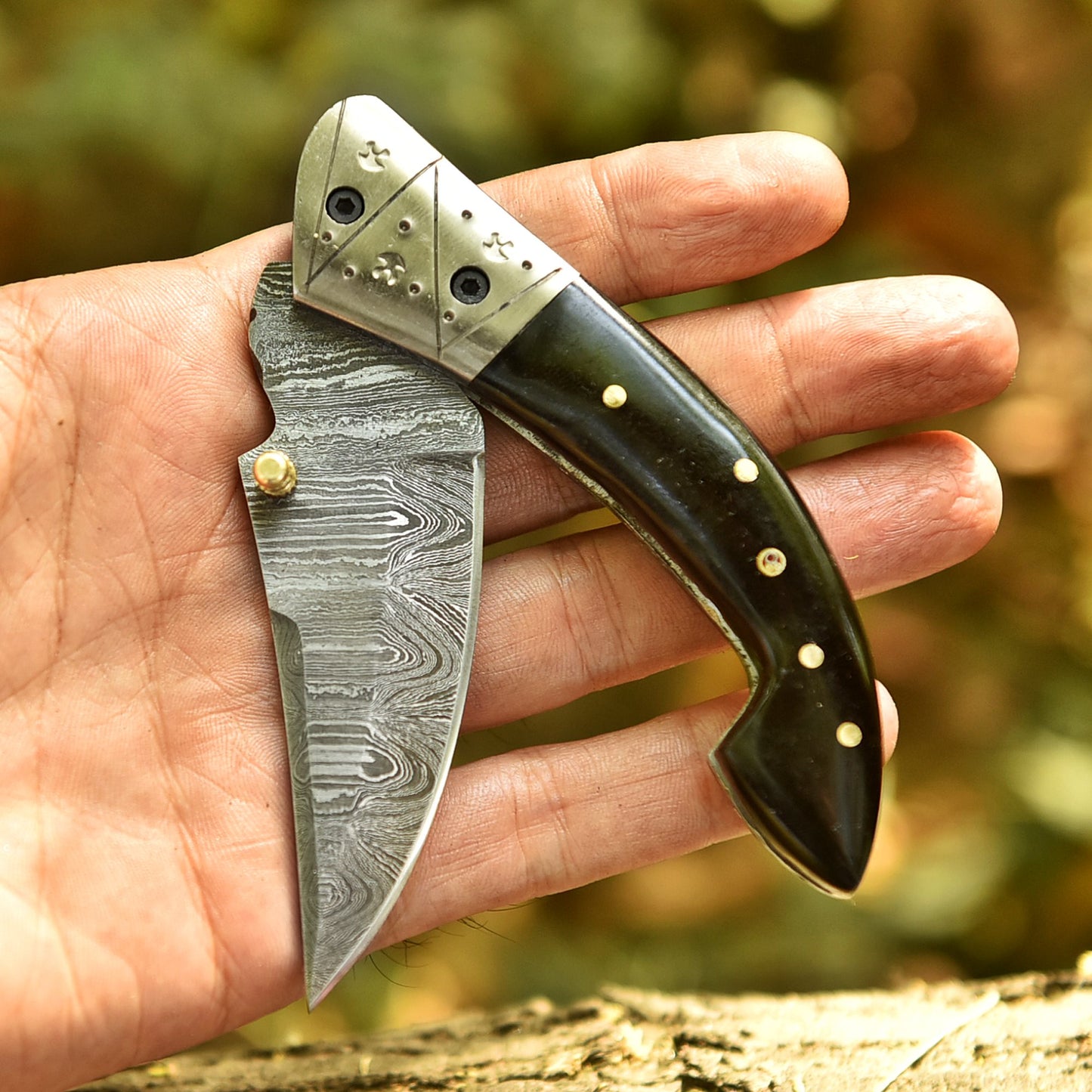 Collector Grade Damascus Steel Folding Pocket Knife Resin Brass Bolster Handle