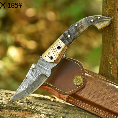 Handmade Damascus Steel Folding Blade Pocket Knife Ram Horn Brass Bolster Handle