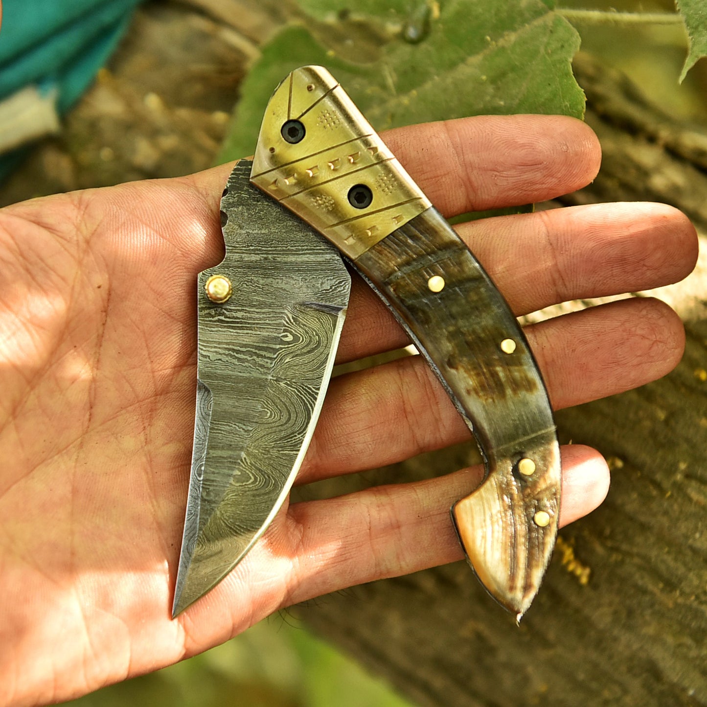 Handmade Damascus Steel Folding Blade Pocket Knife Ram Horn Brass Bolster Handle