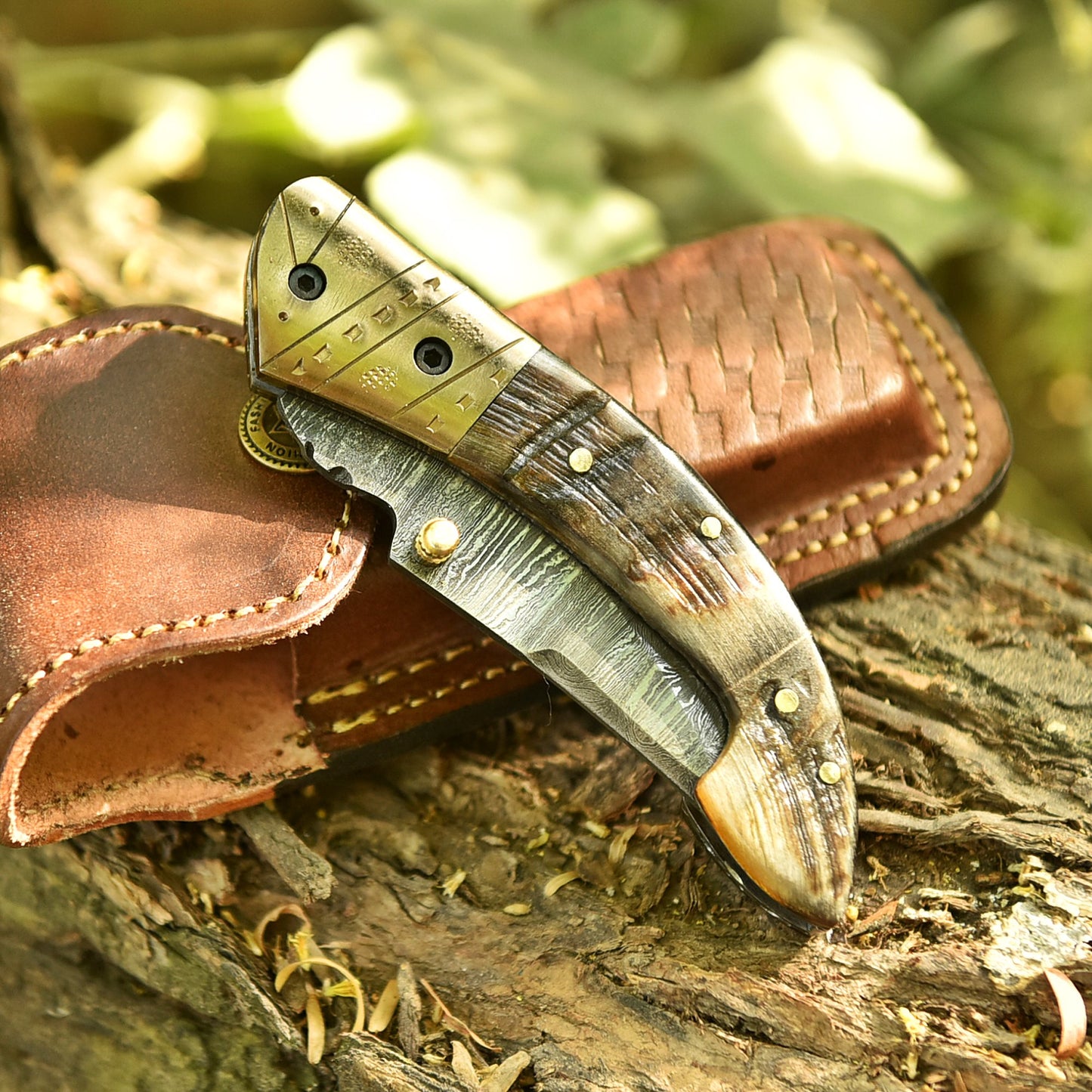 Handmade Damascus Steel Folding Blade Pocket Knife Ram Horn Brass Bolster Handle