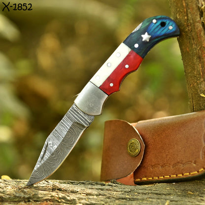 Handmade Damascus Steel Folding Blade Back Lock Pocket Knife Resin Wood Handle