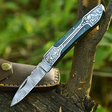 Handmade Damascus Steel Hunting Folding Blade Pocket Knife Wood Handle