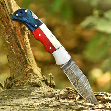 Handmade Damascus Steel Folding Blade Back Lock Pocket Knife Resin Wood Handle