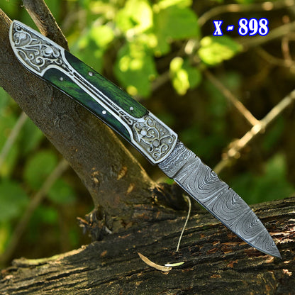 Handmade Damascus Steel Hunting Folding Blade Pocket Knife Wood Handle