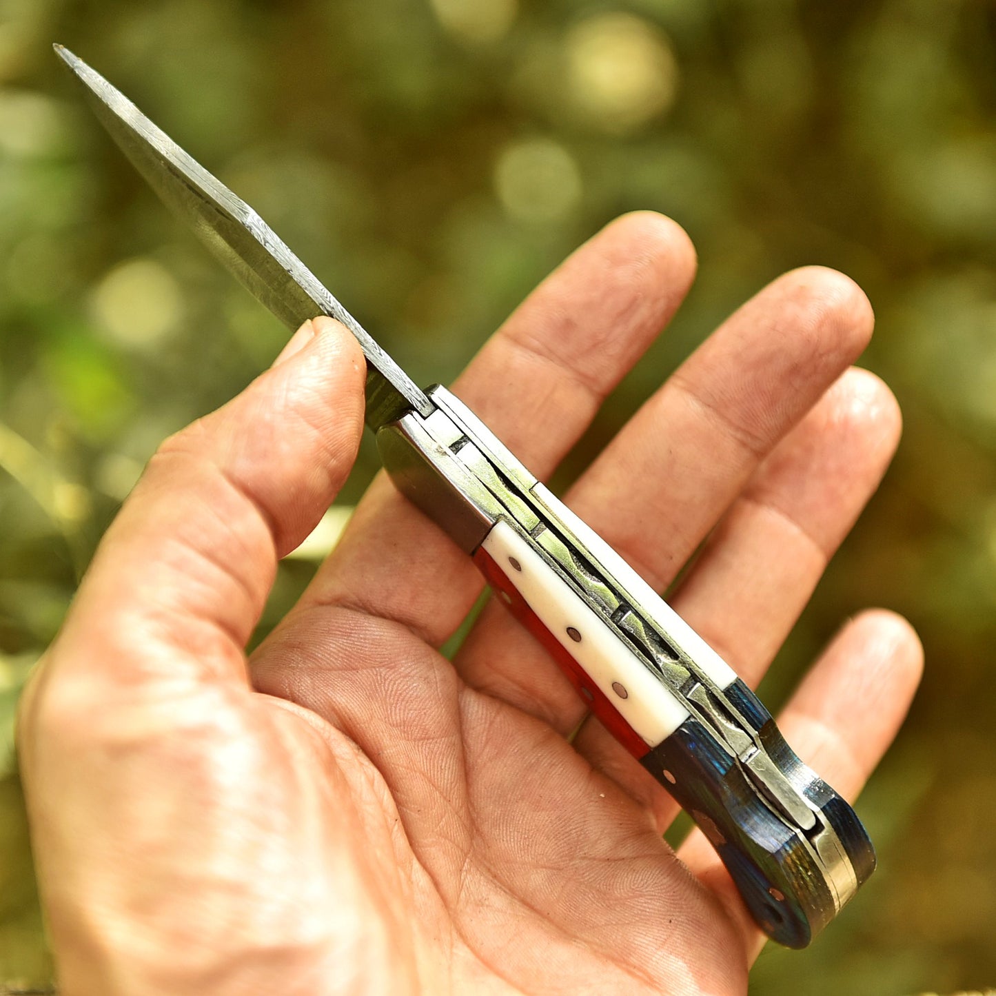 Handmade Damascus Steel Folding Blade Back Lock Pocket Knife Resin Wood Handle
