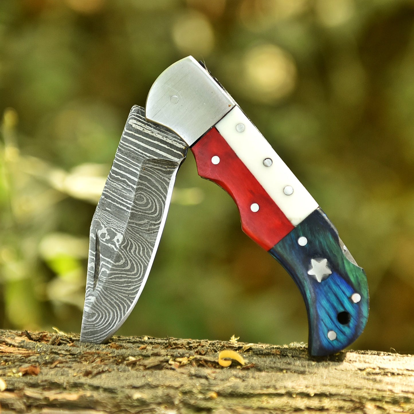 Handmade Damascus Steel Folding Blade Back Lock Pocket Knife Resin Wood Handle