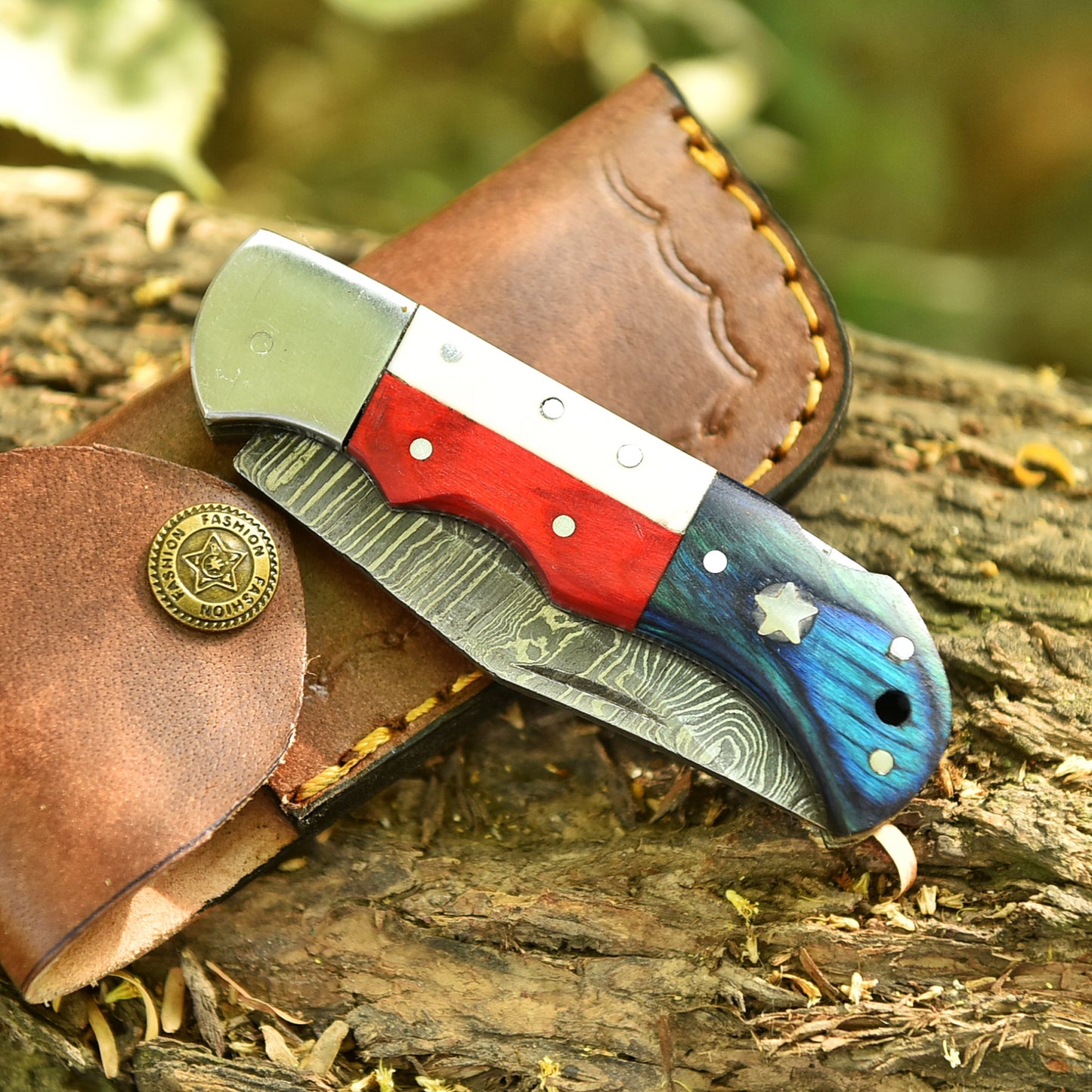 Handmade Damascus Steel Folding Blade Back Lock Pocket Knife Resin Wood Handle