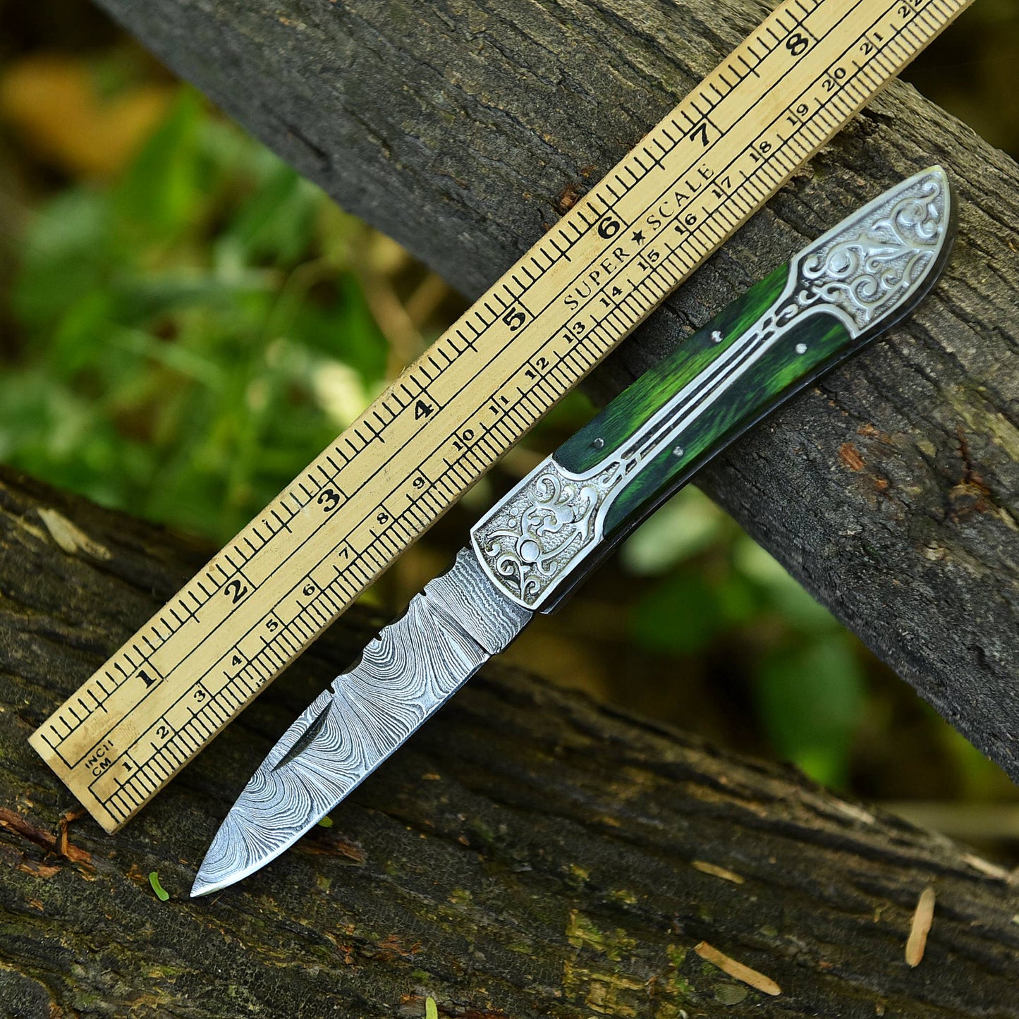 Handmade Damascus Steel Hunting Folding Blade Pocket Knife Wood Handle