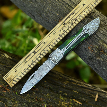 Handmade Damascus Steel Hunting Folding Blade Pocket Knife Wood Handle