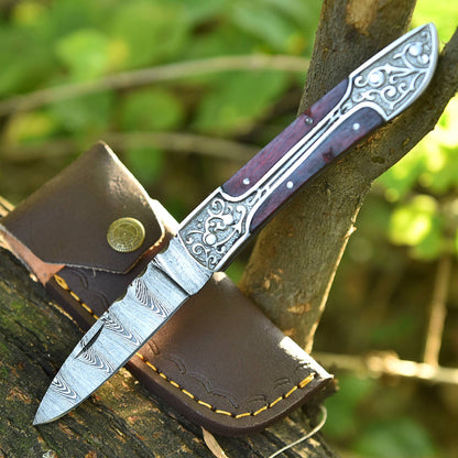 Hand Forged Damascus Steel Hunting Camping Folding Blade Pocket Knife