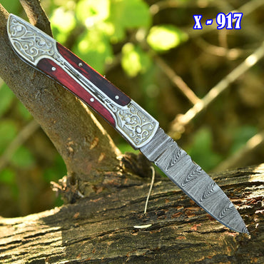 Hand Forged Damascus Steel Hunting Camping Folding Blade Pocket Knife