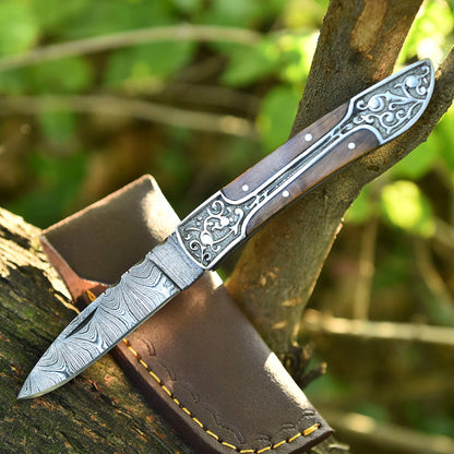 Handmade Damascus Steel Folding Blade Pocket Knife Wood Steel Bolster Handle