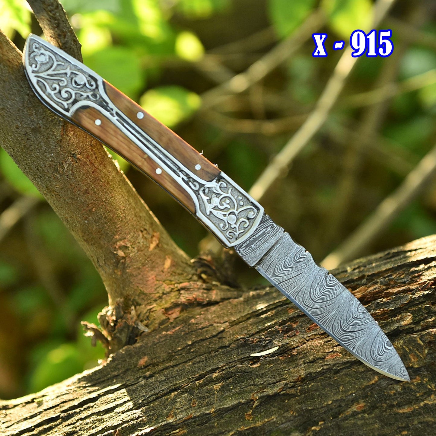 Handmade Damascus Steel Folding Blade Pocket Knife Wood Steel Bolster Handle