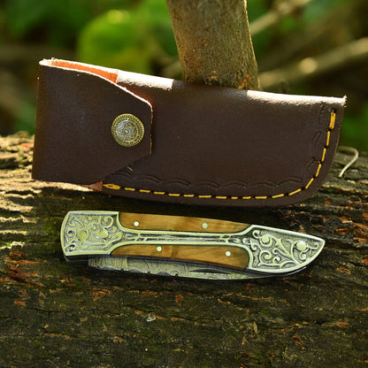 Handmade Damascus Steel Folding Blade Pocket Knife Wood Steel Bolster Handle