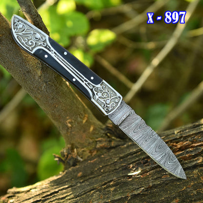 Handmade Damascus  Folding Blade Hunting  Pocket Knife Wood Steel Handle