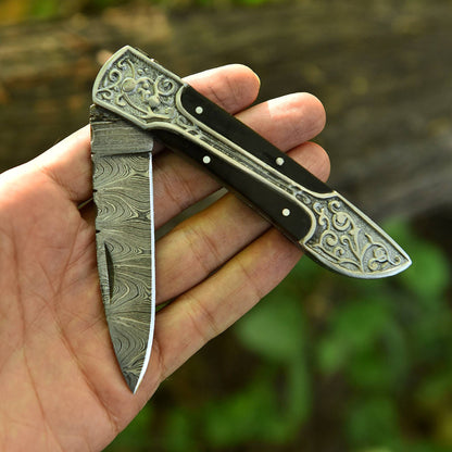 Handmade Damascus  Folding Blade Hunting  Pocket Knife Wood Steel Handle