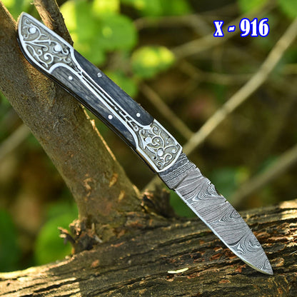 Damascus Steel Folding Blade Outdoor Camping Hunting Pocket Knife EDC