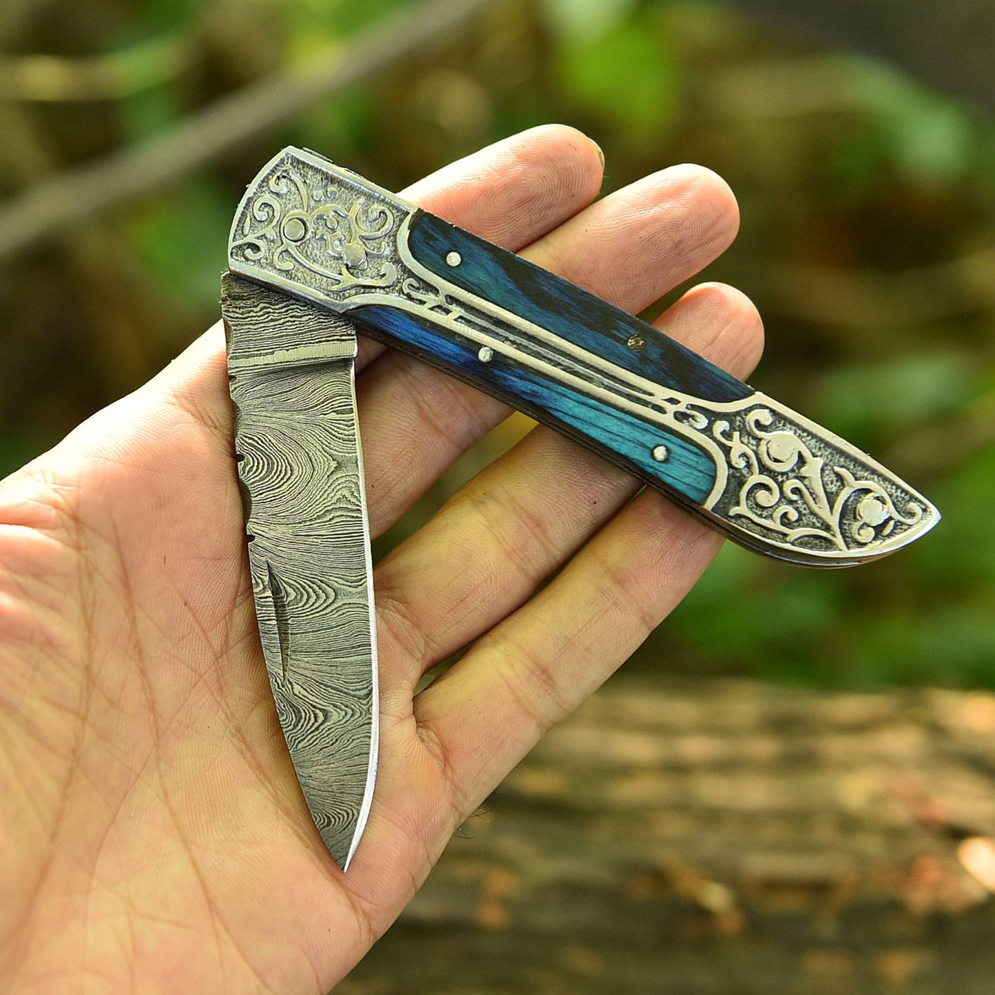 Handmade EDC Damascus Steel Folding Blade Pocket Knife With Sheath