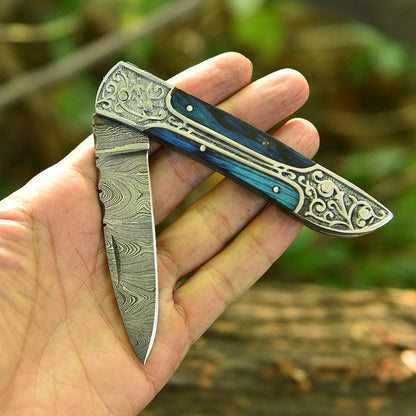 Handmade EDC Damascus Steel Folding Blade Pocket Knife With Sheath