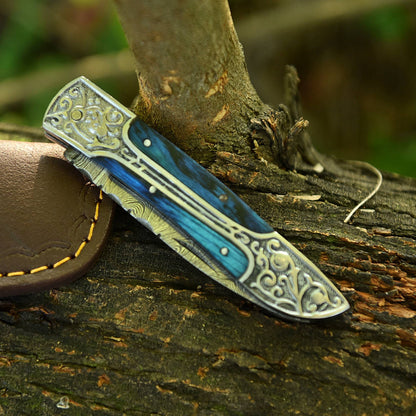 Handmade EDC Damascus Steel Folding Blade Pocket Knife With Sheath