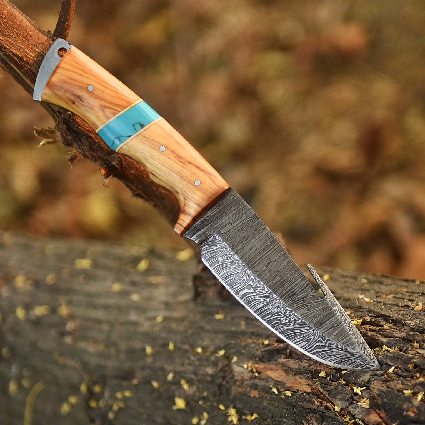 Elite Handmade Damascus Steel Gut Hook Skinning Knife Wood Resin Handle