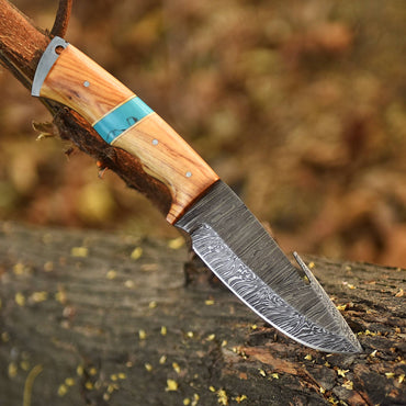 Elite Handmade Damascus Steel Gut Hook Skinning Knife Wood Resin Handle