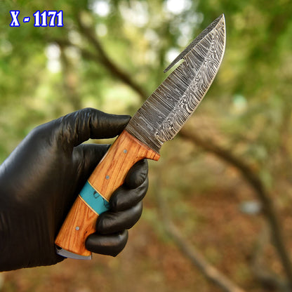 Elite Handmade Damascus Steel Gut Hook Skinning Knife Wood Resin Handle