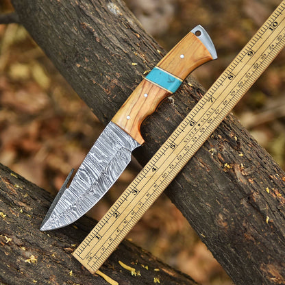Elite Handmade Damascus Steel Gut Hook Skinning Knife Wood Resin Handle