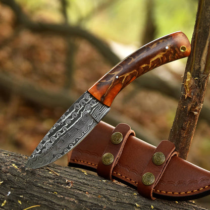 Handcrafted Damascus Steel Pinecone Skinner Camping Knife Resin Handle