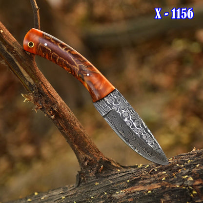 Handcrafted Damascus Steel Pinecone Skinner Camping Knife Resin Handle