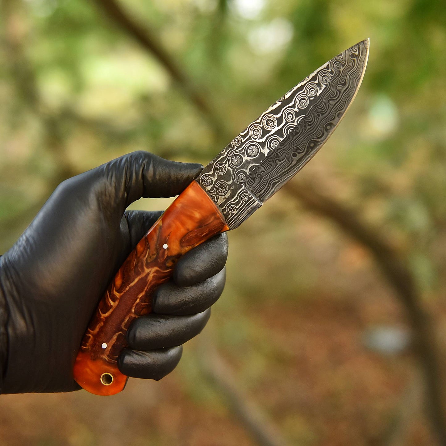 Handcrafted Damascus Steel Pinecone Skinner Camping Knife Resin Handle