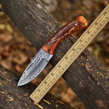 Handcrafted Damascus Steel Pinecone Skinner Camping Knife Resin Handle