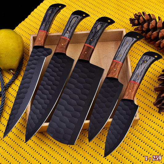 German Chef Knives Set Carbon Steel Black Powder Coating Blade Chef Knives Set X-259