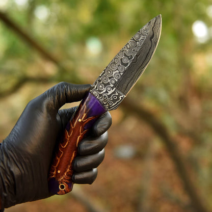 Elite Outdoor Damascus Steel Skinner Hunting Knife  Pinecone Resin Handle