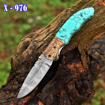 Handmade Damascus Pocket Knife Folding Pocket Knife Resin Handle