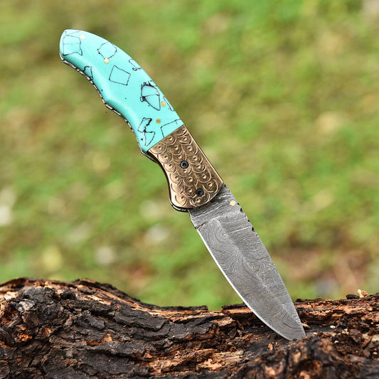 Handmade Damascus Pocket Knife Folding Pocket Knife Resin Handle