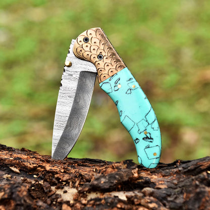 Handmade Damascus Pocket Knife Folding Pocket Knife Resin Handle