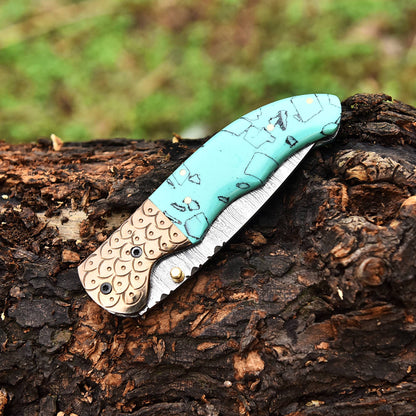 Handmade Damascus Pocket Knife Folding Pocket Knife Resin Handle