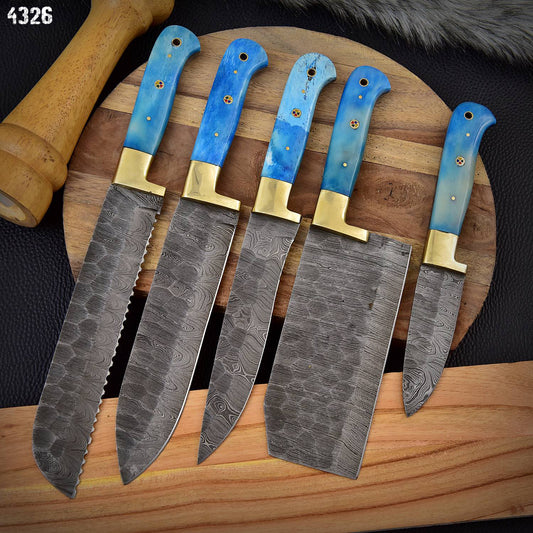 Custom Handcrafted 5 Piece Damascus Steel Knife Set Kitchen Chef Knives