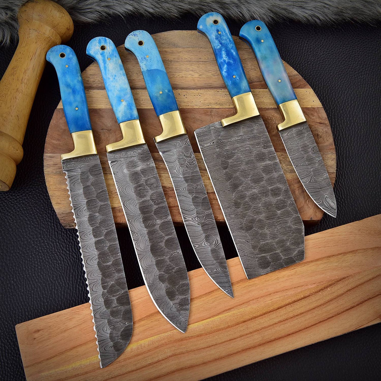 Custom Handcrafted 5 Piece Damascus Steel Knife Set Kitchen Chef Knives