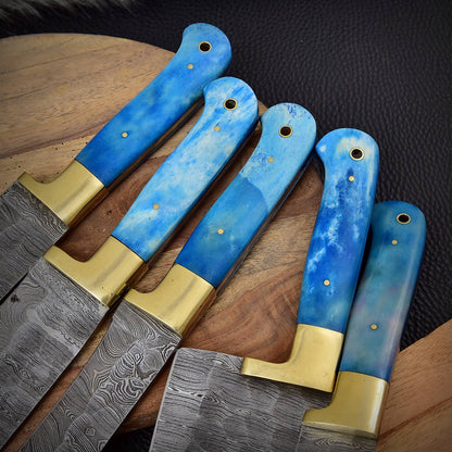Custom Handcrafted 5 Piece Damascus Steel Knife Set Kitchen Chef Knives