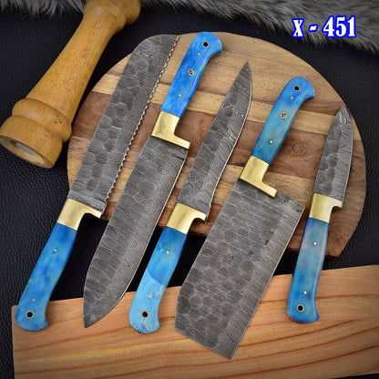 Custom Handcrafted 5 Piece Damascus Steel Knife Set Kitchen Chef Knives
