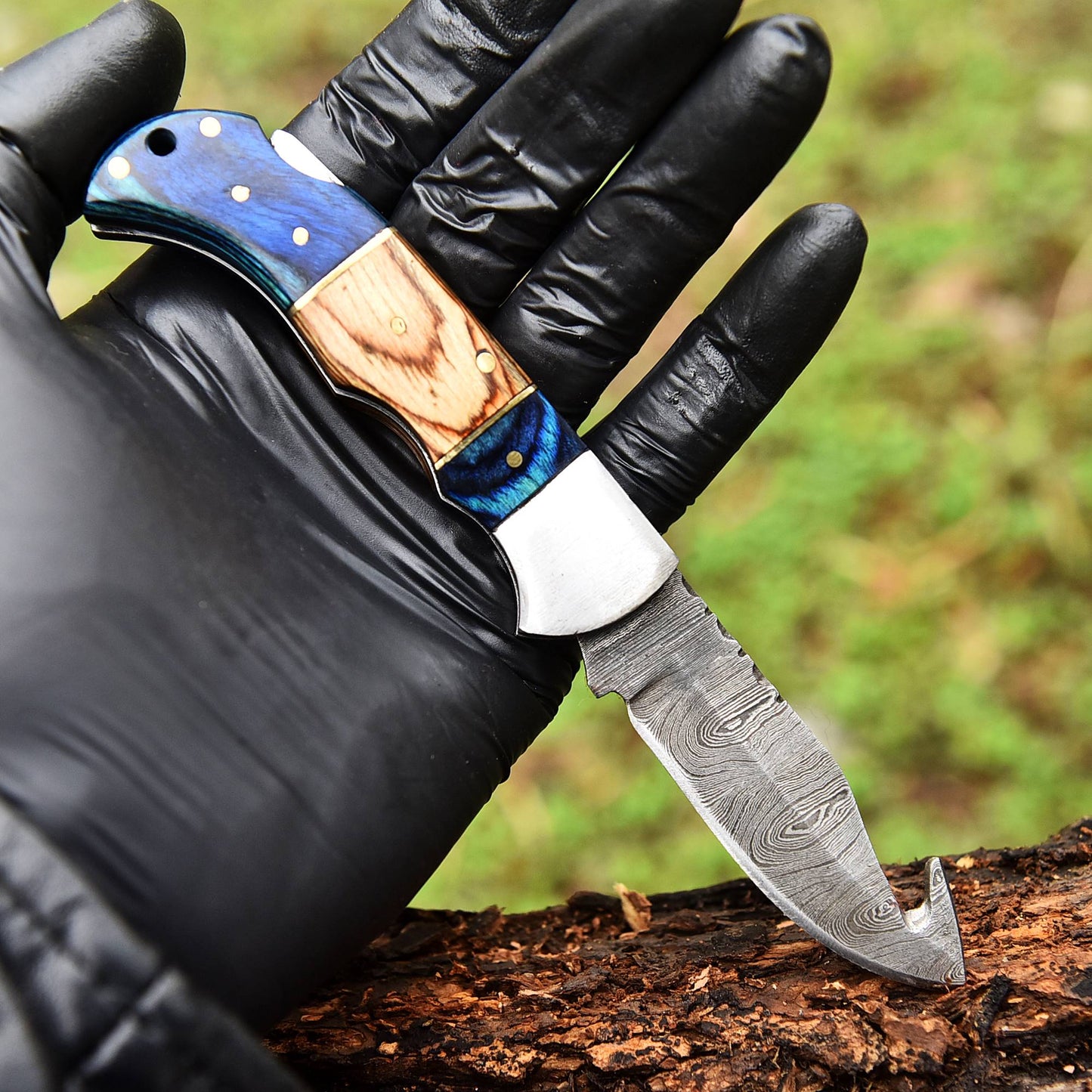 Handmade Hiking Adventure Damascus Steel Blade Pocket Knife Wood Handle