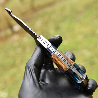 Handmade Hiking Adventure Damascus Steel Blade Pocket Knife Wood Handle